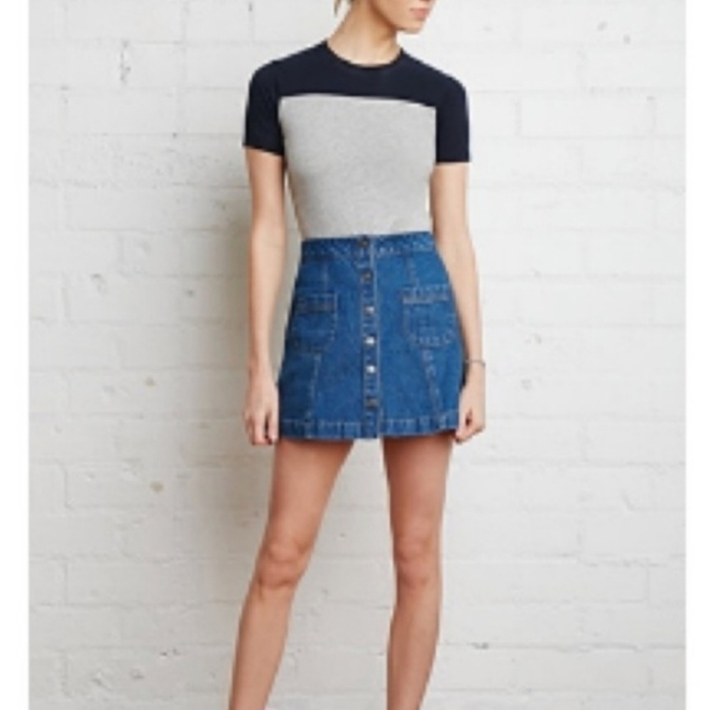 Forever 21 Blue Jean Denim Snap Button Down Front Mini Skirt Medium Wash Large L